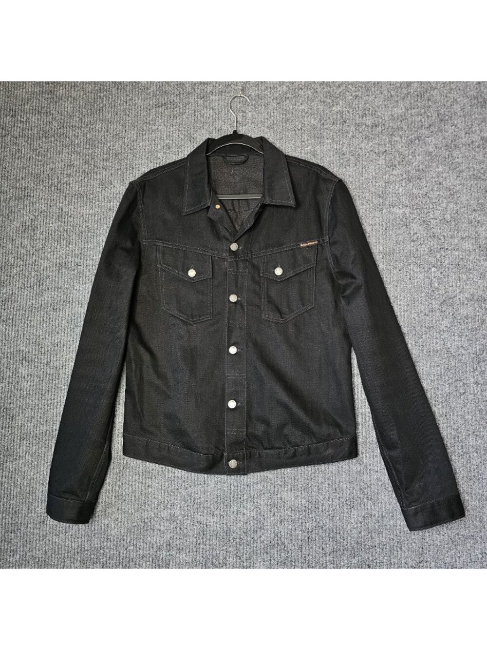 NUDIE JEANS Men Jacket Kenny sz L Dry Black Buttoned Organic Polo Neck Denim